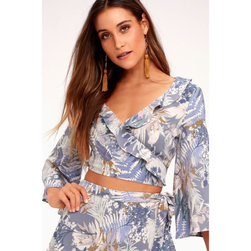 Blue Tropical Print Ruffle Wrap Top